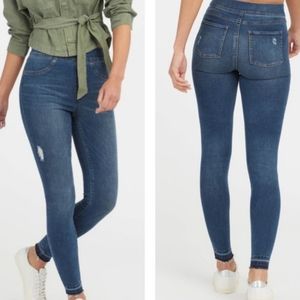 Spanx size M distressed raw hem stretch high waist pull on jeggings blue